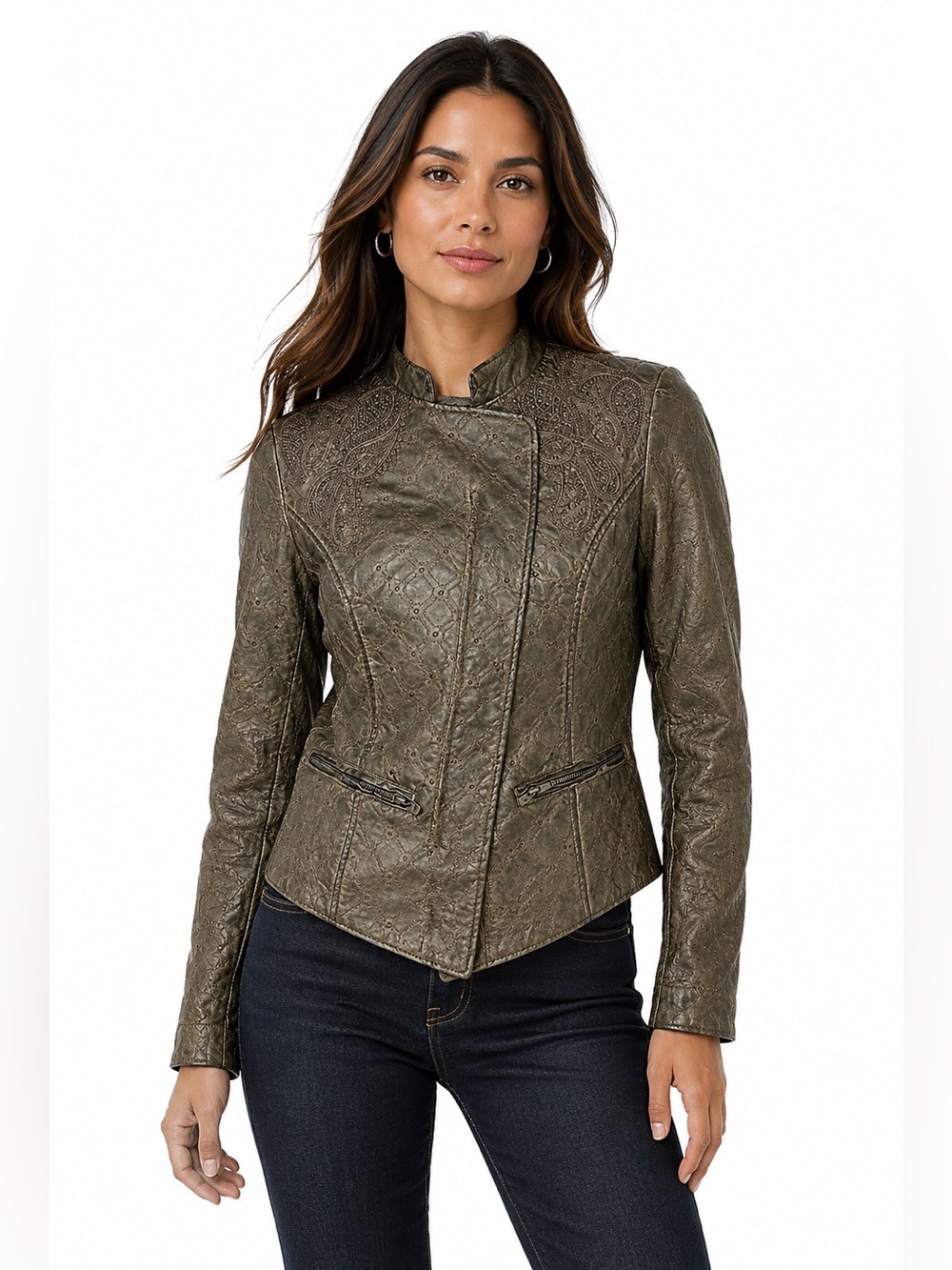 NEW Allen Schwartz Womens Small Lattice Embroidered Brown Faux Leather Jacket